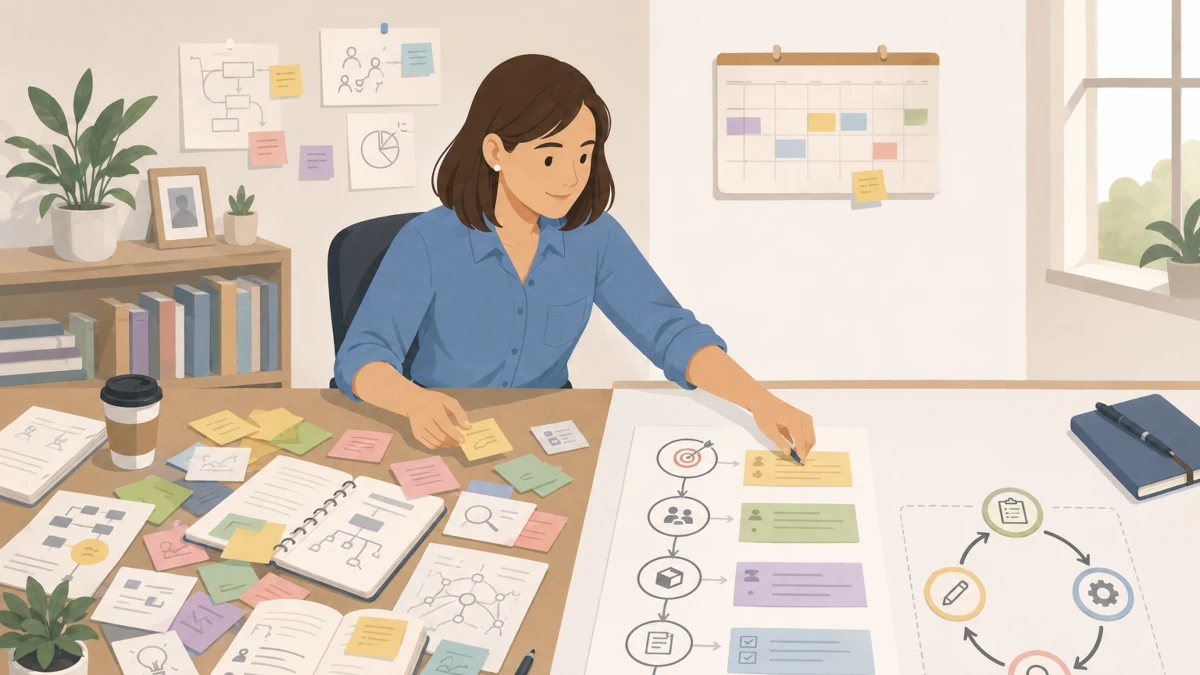 Business analyst organising notes and diagrams into a clear BA improvement pathway using small practice loops.