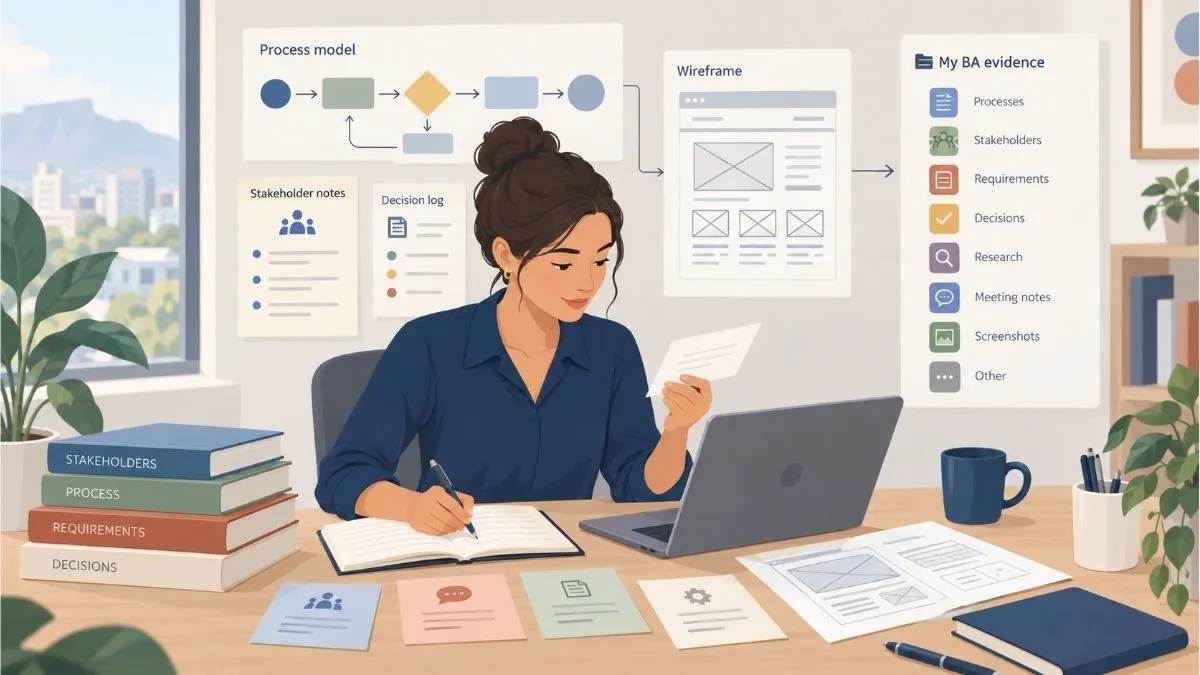 Business analyst organising process maps, stakeholder notes and project artefacts into a practical evidence bank.